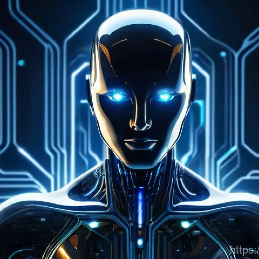 Transformer와 Attention 메커니즘의 관계 - A futuristic, stylized humanoid AI entity with a radiant, ethereal glow emanating from its head and ...