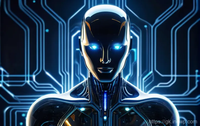 Transformer와 Attention 메커니즘의 관계 - A futuristic, stylized humanoid AI entity with a radiant, ethereal glow emanating from its head and ...