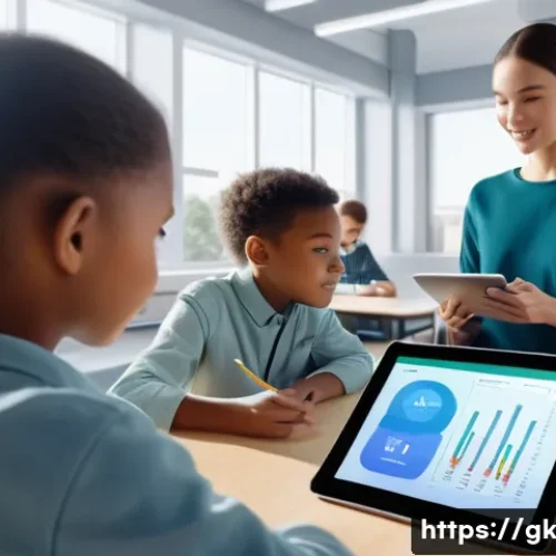 Transformer 아키텍처의 교육적 접근 - A futuristic classroom scene showing diverse students interacting with AI tutors on sleek digital ta...