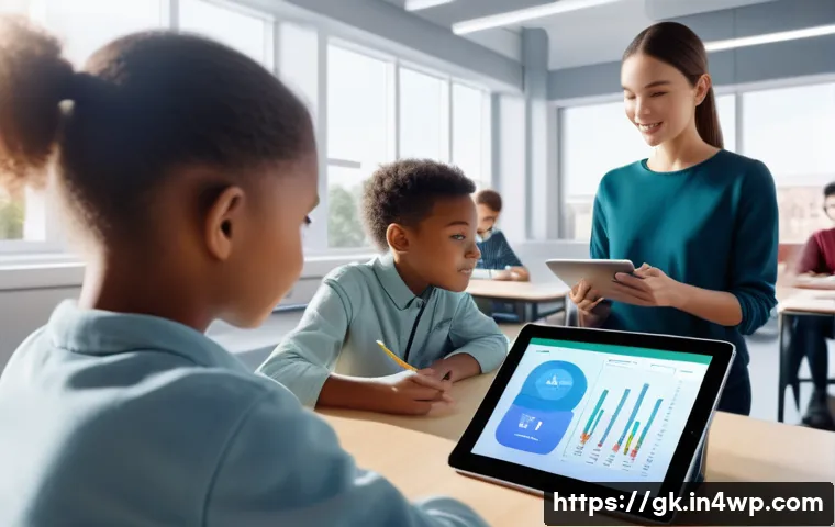 Transformer 아키텍처의 교육적 접근 - A futuristic classroom scene showing diverse students interacting with AI tutors on sleek digital ta...